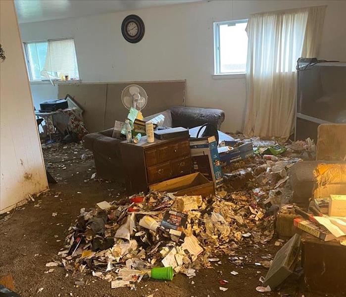 Living room with white walls and gray carpet with trash covering the floors.