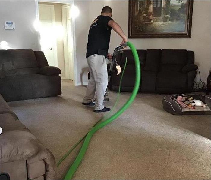Cleaned couch and carpet with man and cleaning equipment in background.