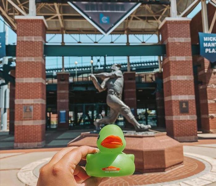 Green rubber duck in front of statue of baseball player.